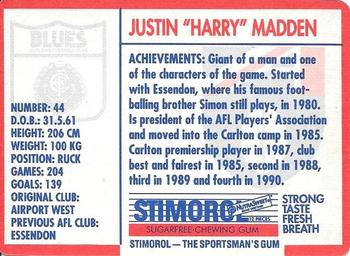 1991 Scanlens Stimorol #86 Justin Madden Back